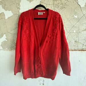Vintage 90s Cardigan Floral Embroidered Red Sweater Women’s M Cottagecore Preppy